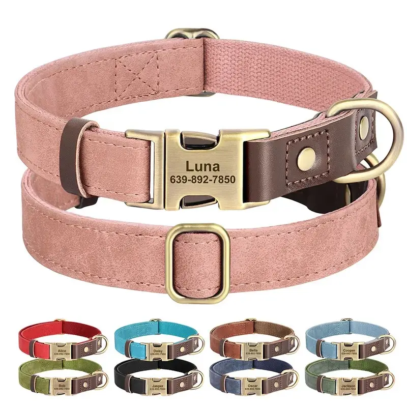 Custom Engraved PU Leather Dog Collar - Free Personalized Buckle ID Necklace, Adjustable for Small/Medium/Large Dogs (Pug Compatible), Durable Design, Custom Engraved Collars