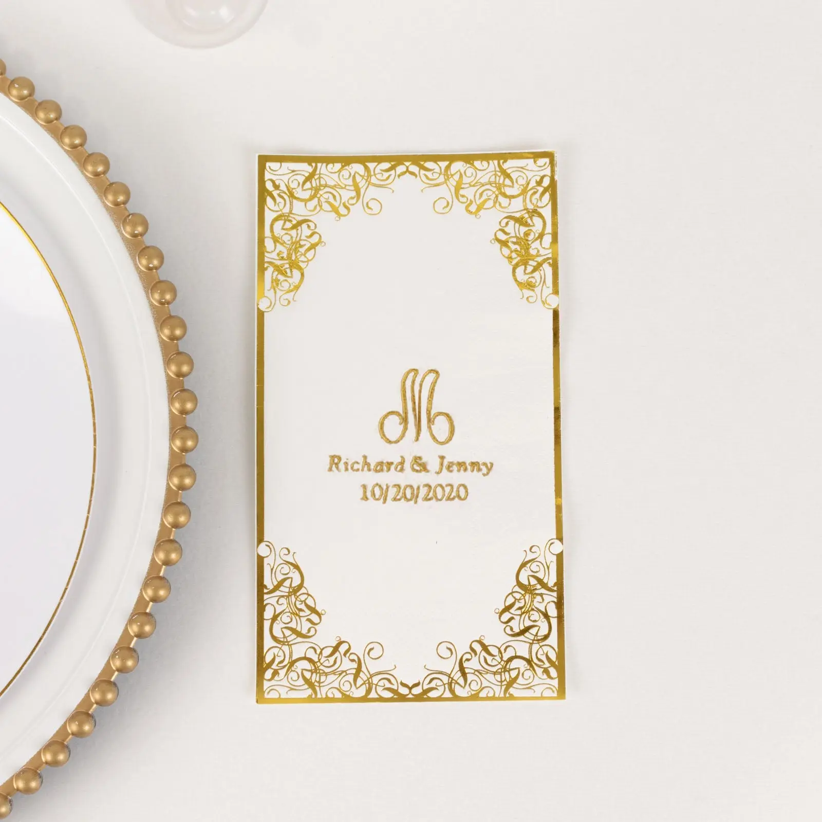 100-Pack 2-Ply White Disposable Paper Dinner Napkins - Personalized Monogram Print with Foil Lace Letters, Soft Texture Tableware for Party Supplies, Weddings, Disposable Napkins, Paper Napkins