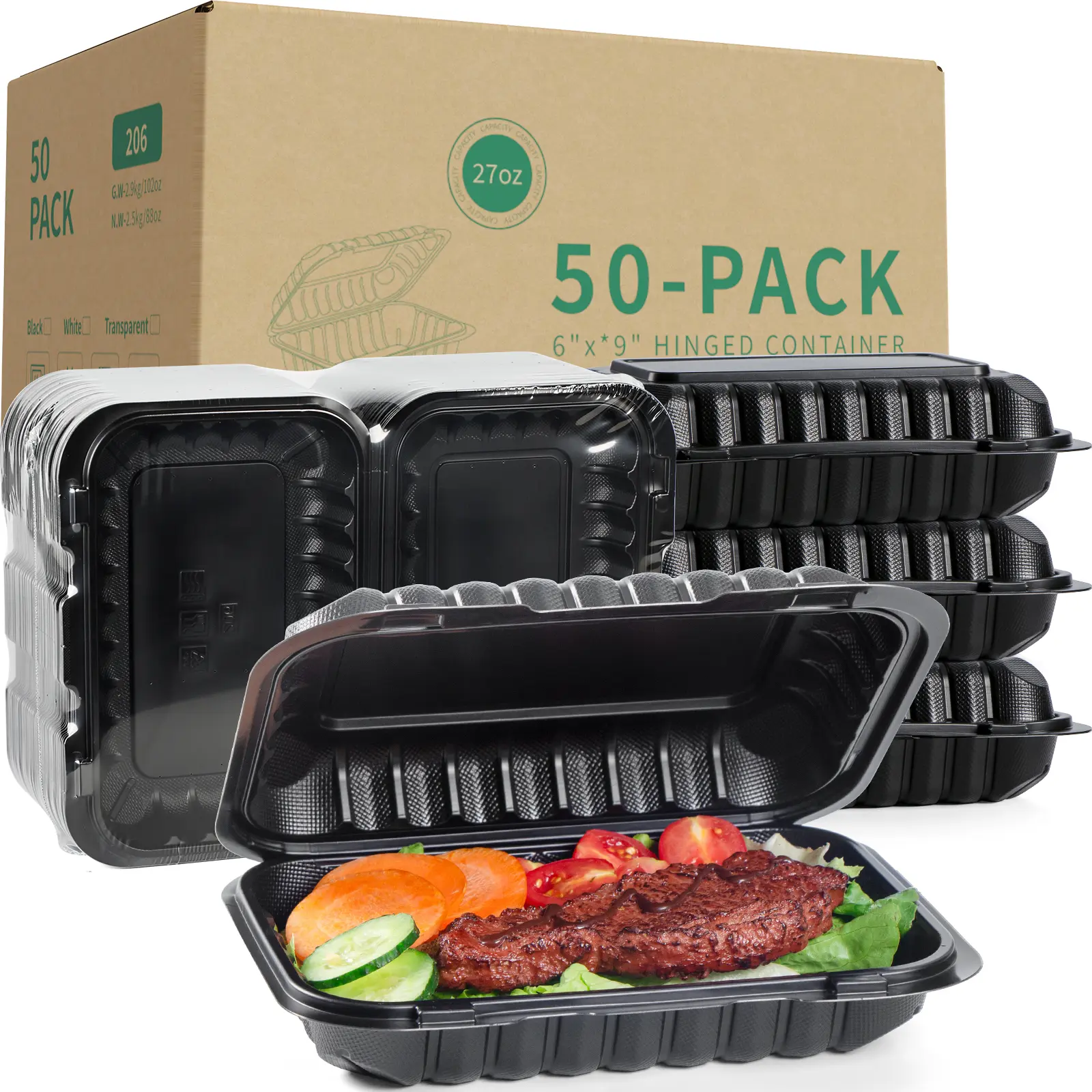 YANGRUI Clamshell Take Out Containers, Reusable Shrink Wrap 50 Pack 9 x 6 Inch 28oz Food Container Microwave Freezer Safe BPA Free Meal Prep Container