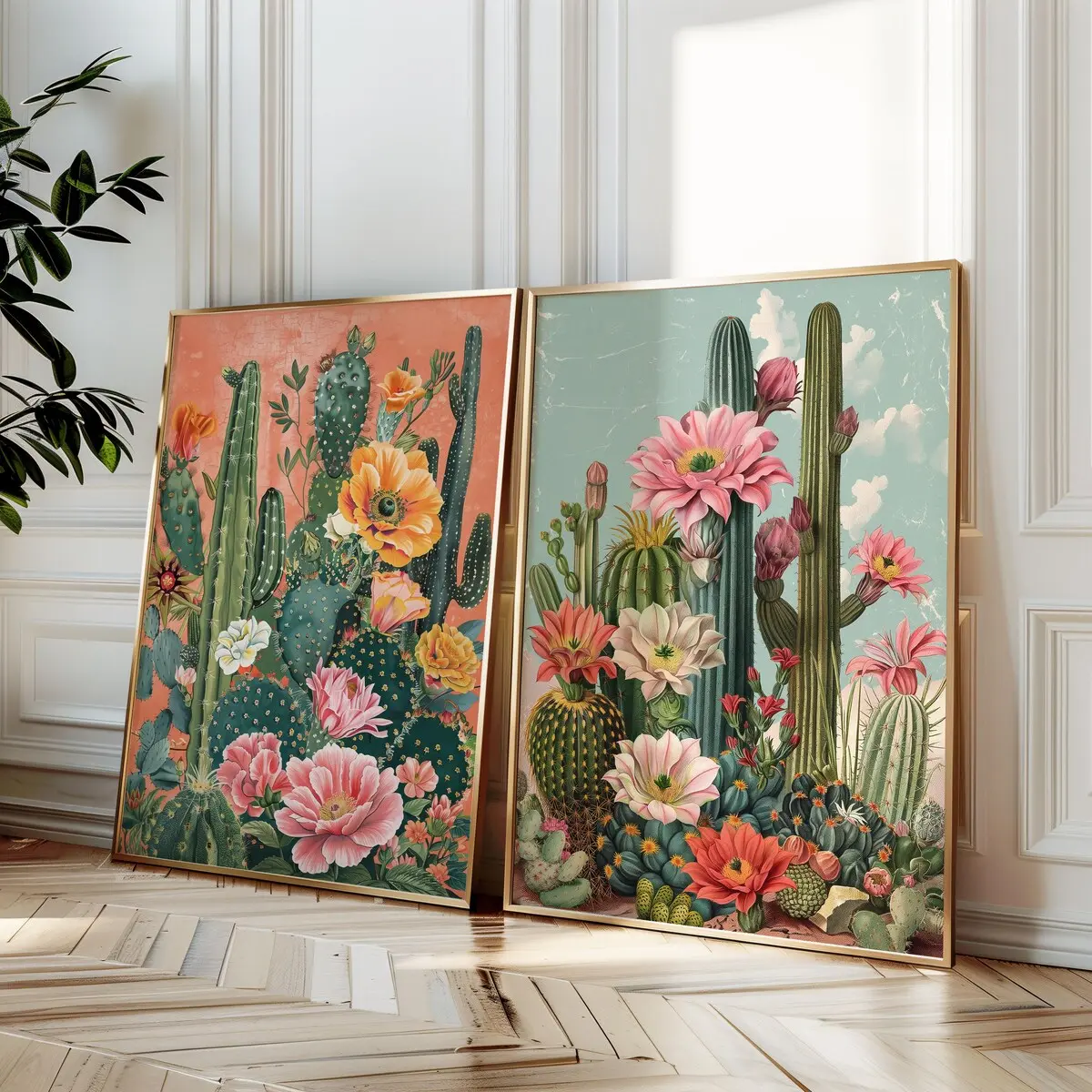 Vintage Cactus Wall Art Set of 2 – Colorful Mexican Desert Posters – Western Room Decor – Unframed, 5 size, 8x12 to 27x40 inch
