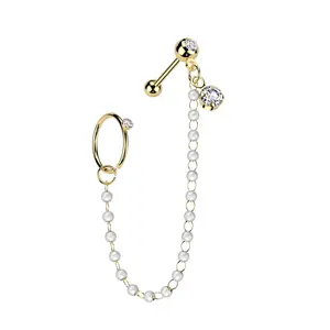 CZ Crystal Hoop and Barbell with Connecting Faux Pearl Chain - 316L Stainless Steel