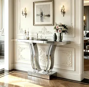 43-Inch Mirrored Console Table - Modern Silver Furniture with Curved Stone-Inlaid Legs, Glam Accent Table for Living Room, Hallway Foyer