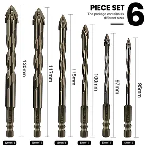 6 serrated drill bits, masonry drill bit sets, industrial-strength hard alloy drill bits, fast drilling, anti-slip hexagonal heads, suitable for all tiles, glass, marble, concrete, stainless steel.