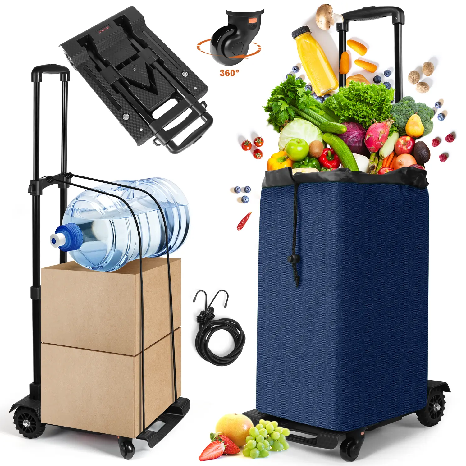 SELORSS BY02 2-in-1 Foldable Hand Truck Utility Cart, Portable Grocery Shopping Cart with Wheels and Removable Waterproof Bag, Collapsible Lightweight Large Capacity for Supermarket, Laundry, Camping