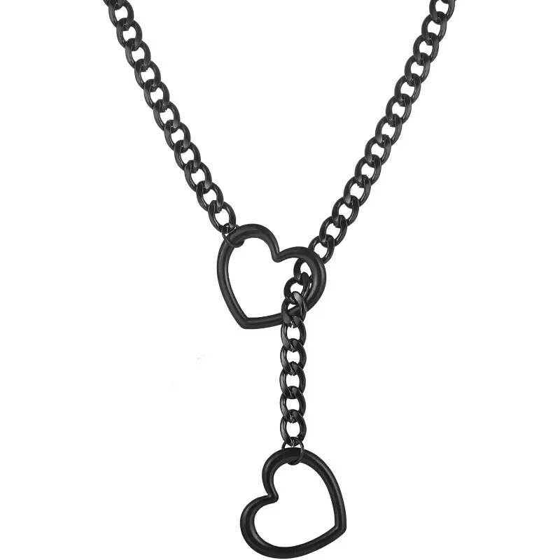 Women's Stainless Steel Adjustable Heart Lariat Y-Necklace - Chunky Cuban Style Necklace, Adjustable Metal Chain, Long Pendant Slip Chain, Punk Gothic Choker, Gifts for Women for Daily Wear, Chunky Necklace, Heart Necklace