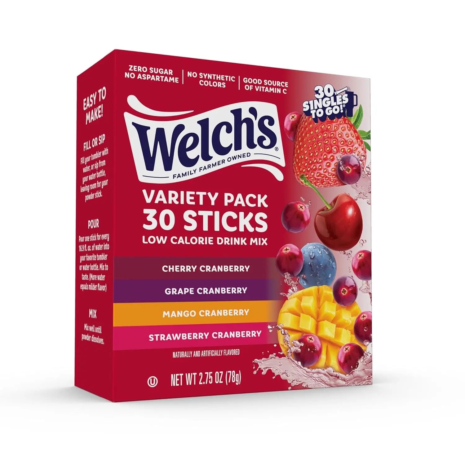 Welch’s Singles To Go! Cranberry Variety Pack Drink Mix, Sugar Free Water Flavor Packets, No Aspartame, No Artificial Dyes, Low Calorie, 4 Flavors (Grape, Mango, Strawberry, Cherry), 30 Sticks, Beverages, Grab‑And‑Go Mix