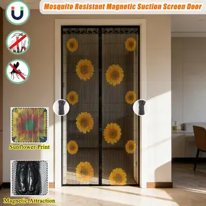 Summer Magnetic Suction Screen Door, Mosquito Resistant, Sunflower Print Soft Mesh Curtain, No Drilling Installation, Pet Friendly, Home Living Room Bedroom Kitchen Decor