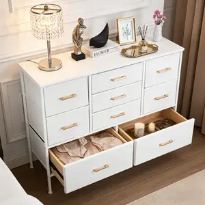 SICANDAENHK Maximize space with this stylish 9-drawer fabric storage tower!Slim tall chest of drawers with durable fabric bins offers large capacity for clothing, blankets, accessories and baby items.Clean white finish fits any decor, ideal for bedroom