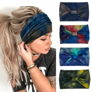 4 Pack Wide Boho Headbands for Women Fashion Knotted Headband Yoga Workout Hair Accessories African Head Wrap Blue Tie Dye summerwins