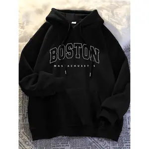 Comfortable Boston Style Hoodie Featuring Soft Polyester Fabric and Iconic Boston Print in Casual Black with Kangaroo Pocket Perfect for Fall and Winter Wear
