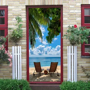 2pcs   Tropical Coconut Tree Beach Wall Sticker Summer Vacation Style Living Room Bedroom Decor Self Adhesive Removable Seaside Scenery Decal Home Background Wall Decoration  Collage Self-Adhesive Doo