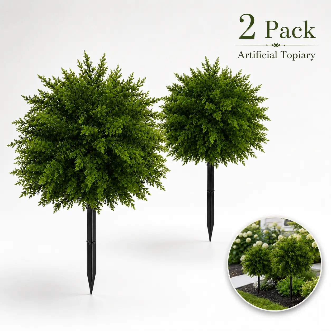 2-Pack Decorative Artificial Boxwood Topiary Balls with Ground Stakes, UV-Resistant Fake Plants for Patio, Garden, Entryway Landscaping Decor