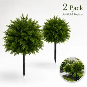 2 Pack Artificial Boxwood Topiary Balls with Ground Stakes, UV-Resistant Faux Greenery for Patio, Porch, Garden & Entryway Decor