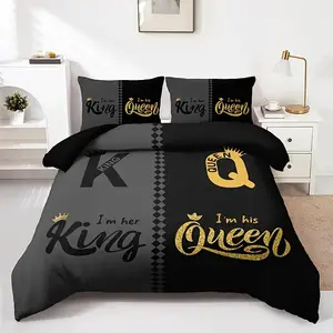 King & Queen Text Print Bedding Set (1 Fitted Sheet + 2 Pillowcases), Luxurious Couple Style, Soft Comfort, Soft Comfy Bedding, Master Bedroom Decor, Bedsheet Sets