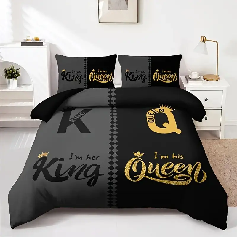 King & Queen Text Print Bedding Set (1 Fitted Sheet + 2 Pillowcases), Luxurious Couple Style, Soft Comfort, Soft Comfy Bedding, Master Bedroom Decor, Bedsheet Sets