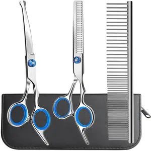 Professional 4 in 1 Dog Grooming Scissors Kit with Safety Round Tips, Sharp and Durable Pet Grooming Shears for Dogs and Cats.
