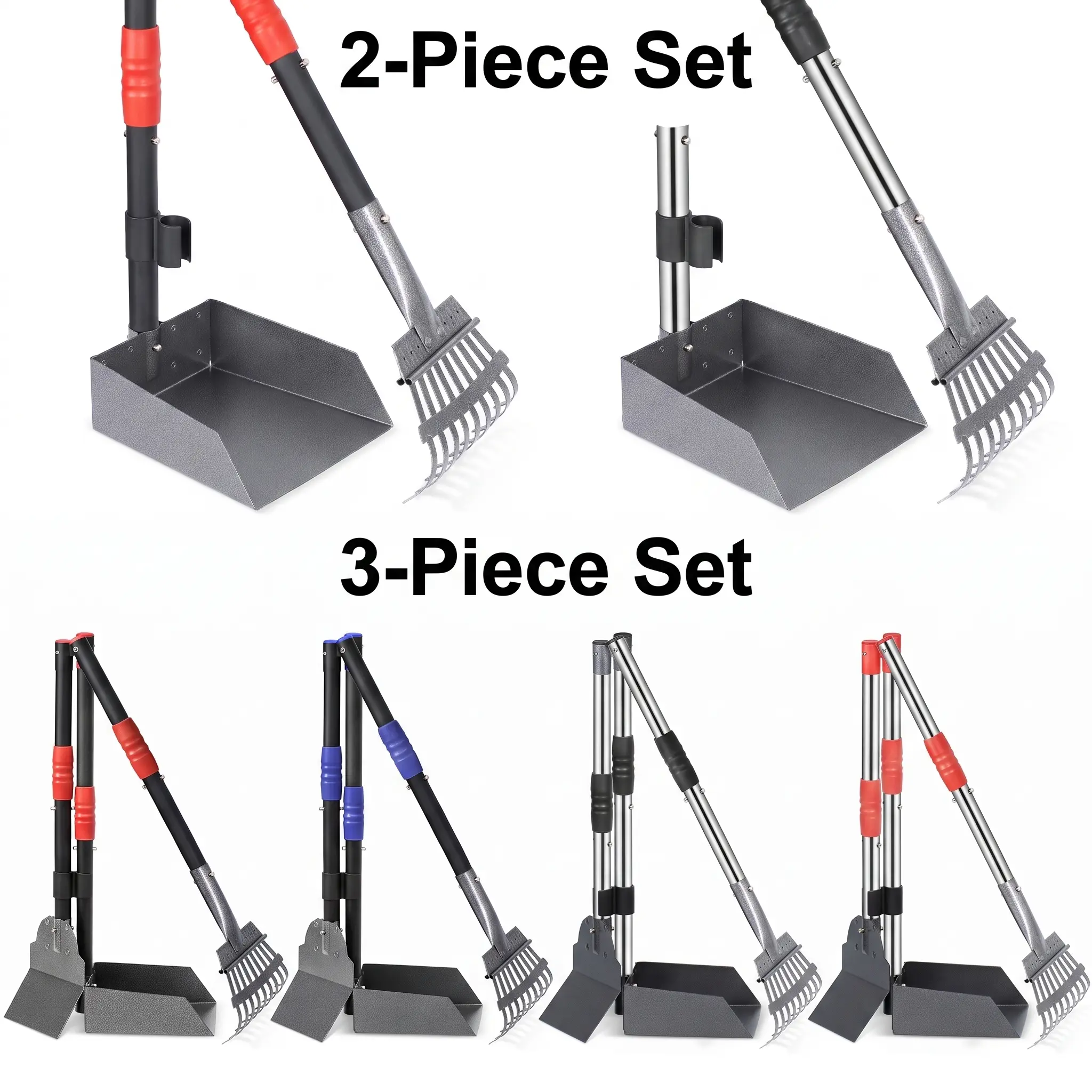 Dog Pooper Scooper Set - Stainless Steel Rust-Proof 2-in-1 Kit with Interchangeable Heads, Long Handle Back Pain Free No-Bend Pick Up Tool, Pan & Rake, Easy Click Assembly, Cleanup Aid for Backyard Grass, Sand