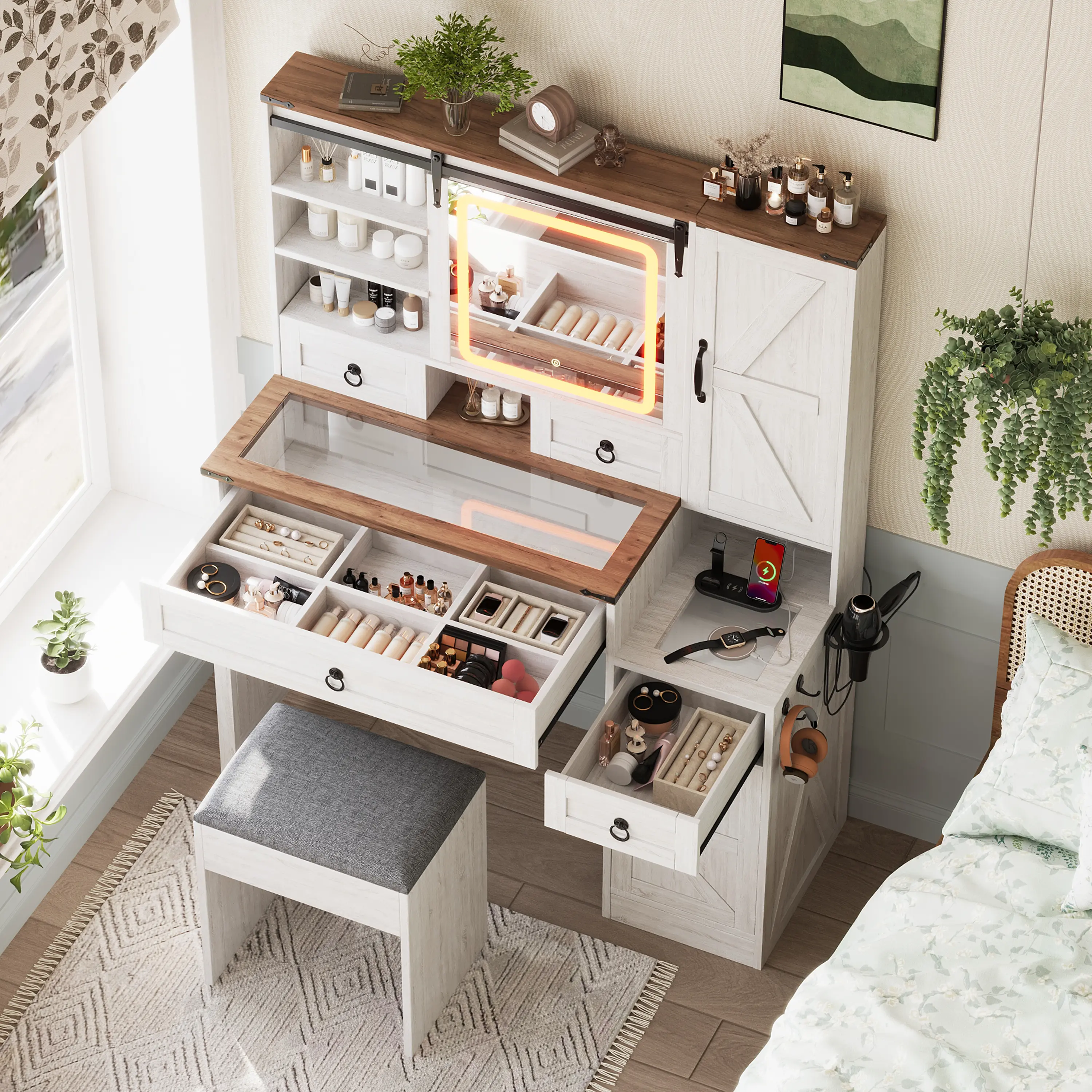 Farmhouse LED Vanity Dresser with Lights - 42.52" L x 15.75" W x 54.33" H Wood Finish Makeup Vanity, Adjustable Sliding Mirror, Glass Top, 4 Drawers, 2 Cabinets, Charging Station, Cup Holder, Storage, Stool - Bedroom Decor