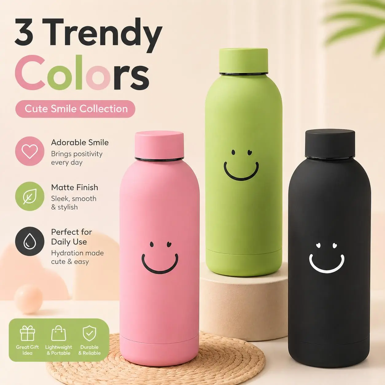 17ozInsulated Water Bottle, 5 Styles Smile & Bow Print, Matte Finish Stainless Steel Tumbler, Leakproof Flask, Keeps Hot & Cold, TikTok Viral,  Drinkware Bottled Portablefunny,love,day gift ideas,trend,gilmore girls coffee cups