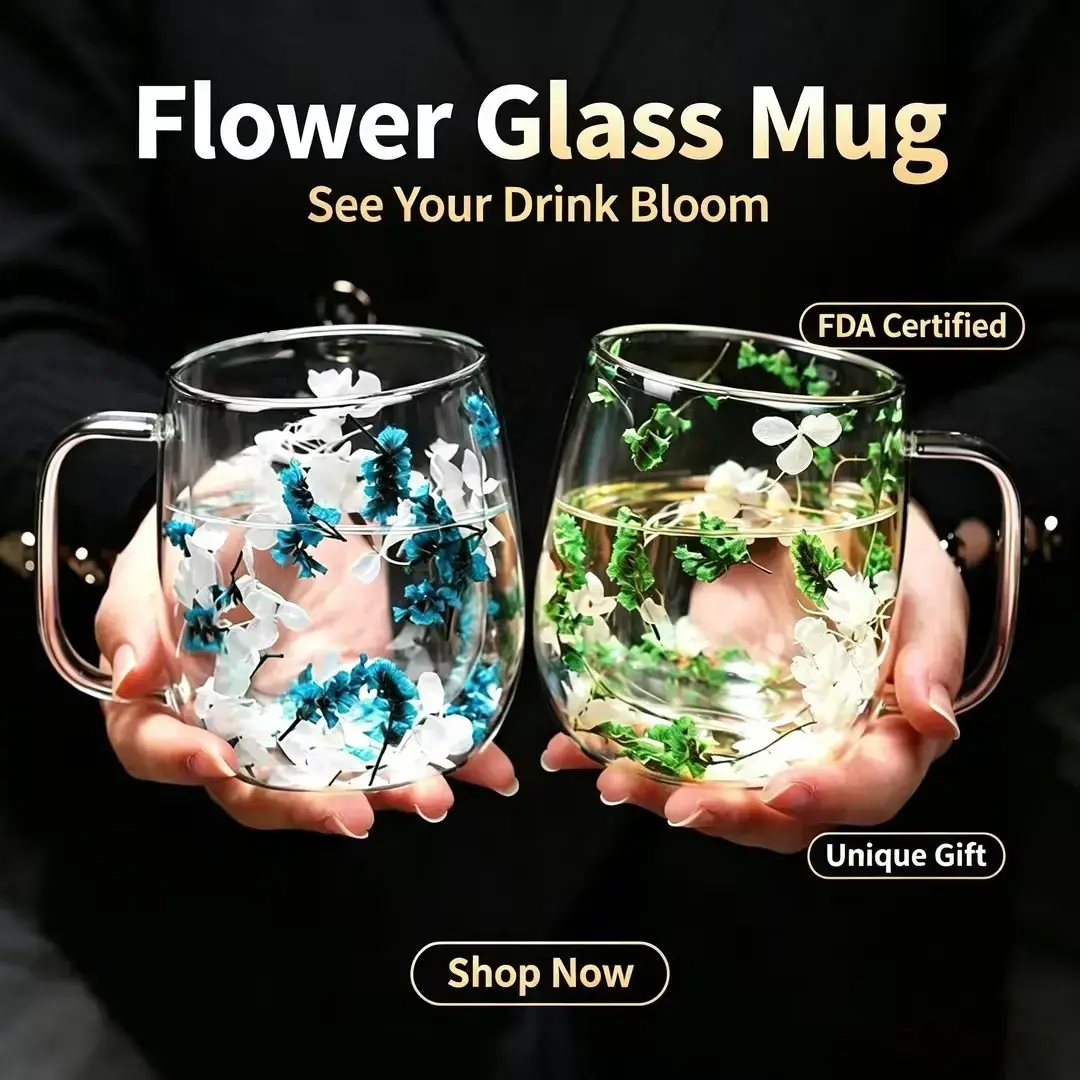 【FaddishDeal】Double glass flower tea cup, 390ml glass coffee cup, insulated flower coffee cup, transparent cup with dried flowers. Drinkware Tumblers.