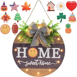 Interchangeable Welcome Sign  Front Door with 14 Changeable Icons, Farmhouse Front Porch Decor Rustic Wooden Wall Sign with 12 LED Lights, Outdoor Seasonal Welcome Home Decorations