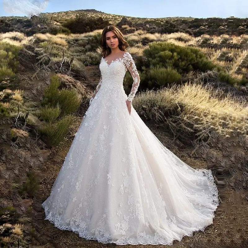 2025 women's dress long sleeve solid color perspective lace bride wedding dress
