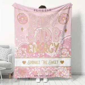 Pink Sweet Style Flannel Blanket - Cozy All-Season Throw with "PLOUise" & " O BAD B ENERGY" Print, Perfect for Home, Office, Travel, and Camping, Travel Blanket | Plush Texture, Blanket for Bed, Couverture Beignet, Beauty Bed, Throw For Sofa,