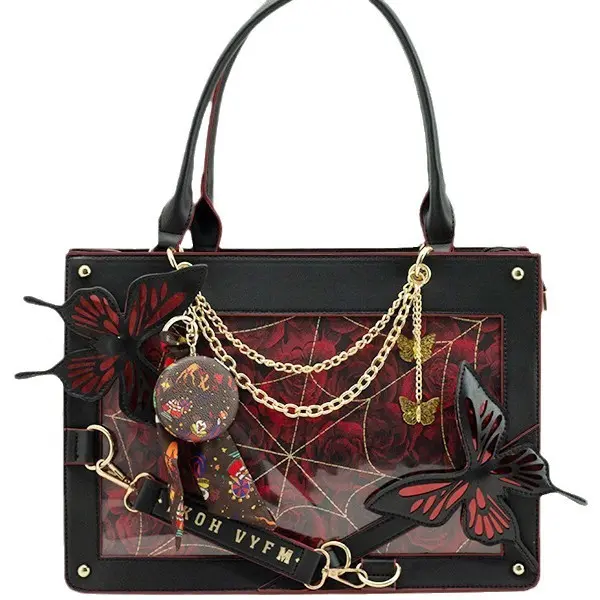 2025 Dark Style Maze Butterfly Pain Tote Bag with Spiderweb Design Durable Material Chain Detail for Fashion Girl Handheld Crossbody, Aesthetic Shoulder Bag, Fashionable Shoulder Bag
