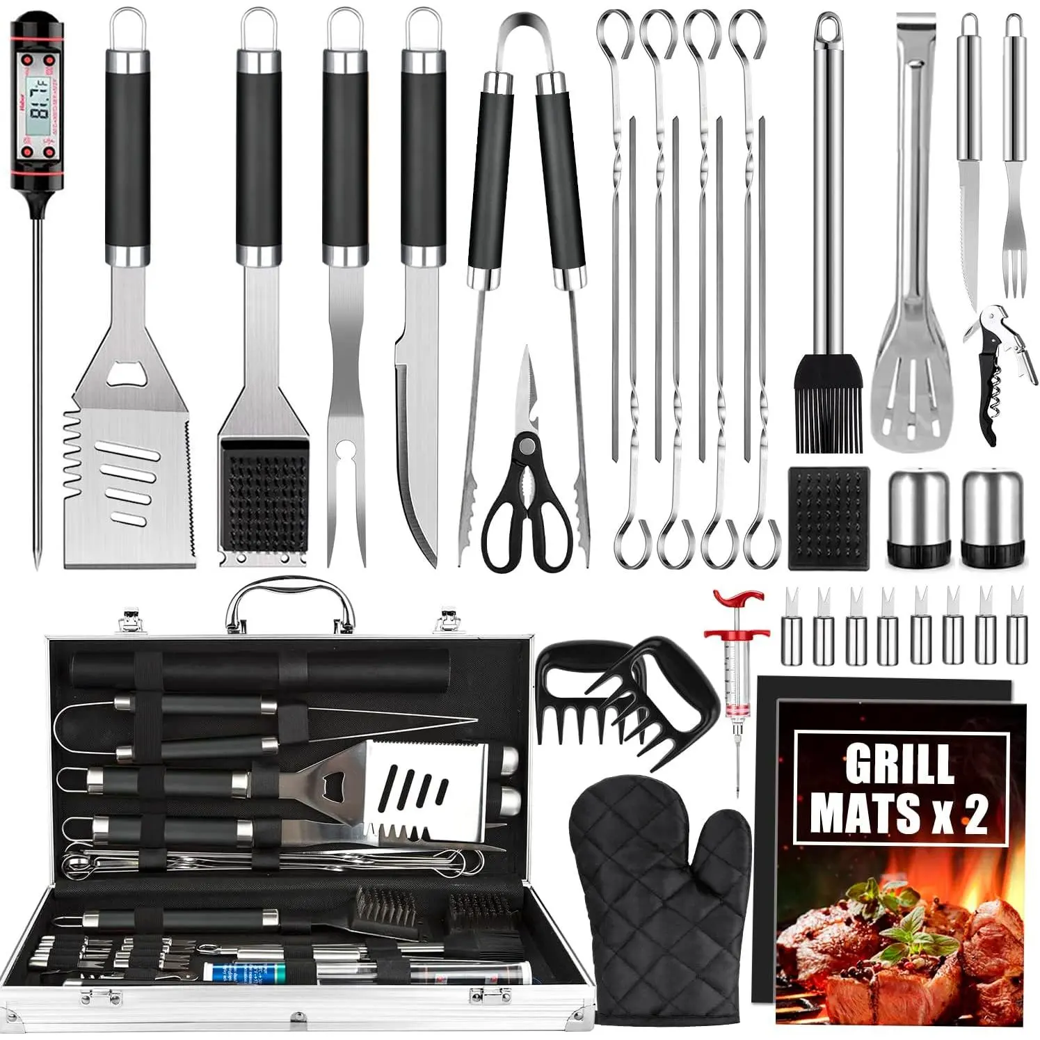 BBQ Grill Accessories Set, 38 count Stainless Steel Grill Tools Grilling Accessories with Aluminum Case, , Grill Mats for Camping/Backyard Barbecue, Grill Utensils Set for Men Women