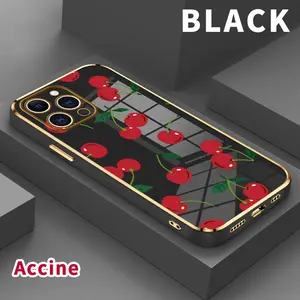 Case for iPhone 15 Pro Max 16 14 Plus 13 12 11 X XS Max XR Cherry Delight Pattern Luxury Golden Edge Elecroplated TPU Camera Lens Protection Mobile Phone Cover Gift for