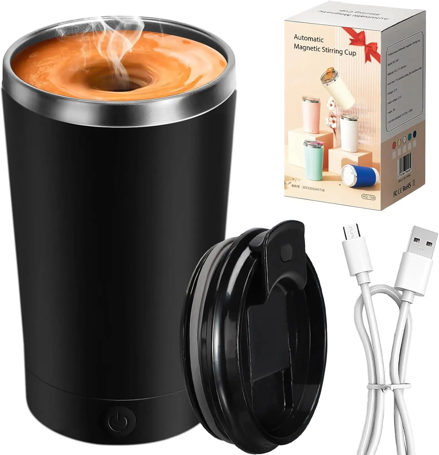400ml Self Stirring Coffee Mug with Lid - High Speed Electric Automatic Magnetic Stainless Steel Mixing Cup for Office Desk & Travel