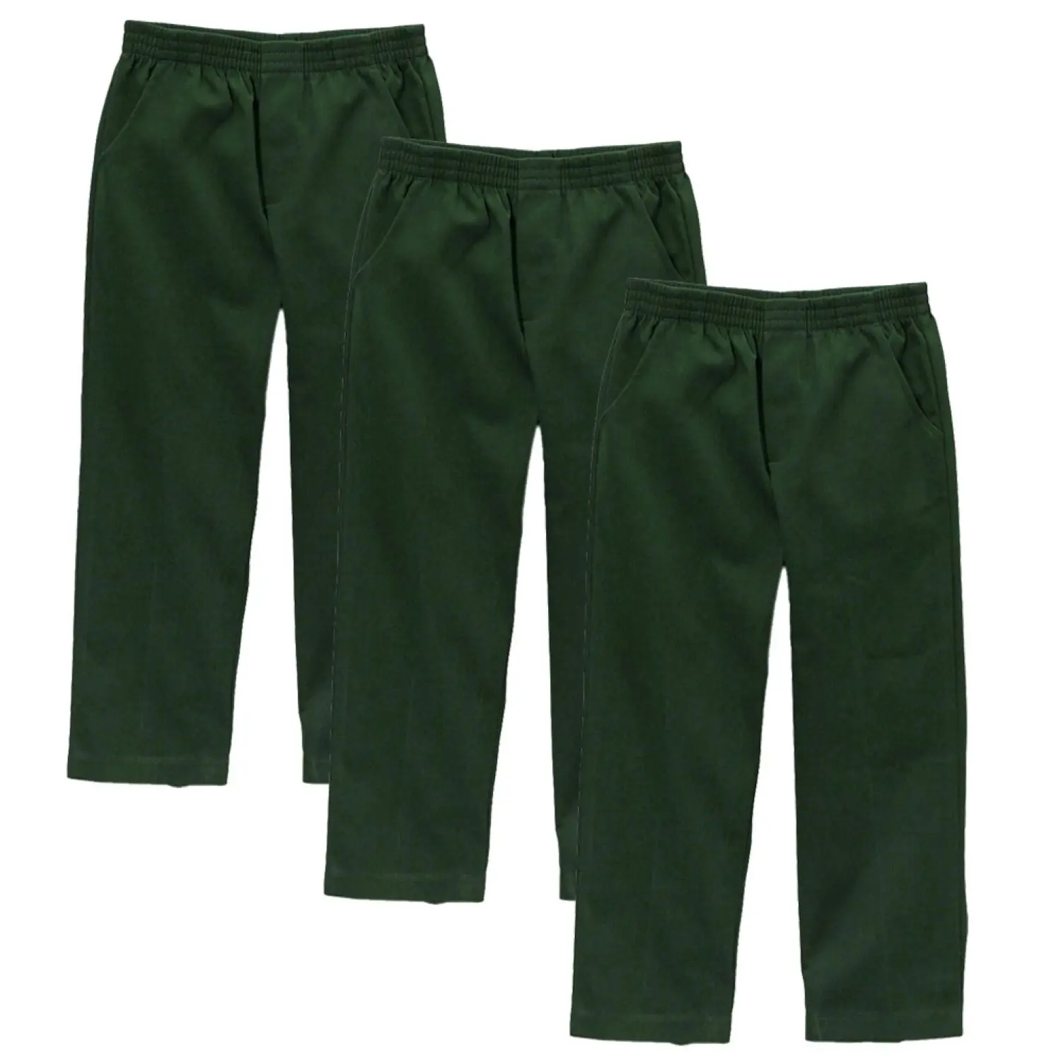 unik Boys' Hunter Green Polyester-Cotton Full-Length School Wear Pants Set, 3-Pack All Elastic Waist Pull-On Fit Bottoms for Sizes 4-16 BU03, Solid Colors
