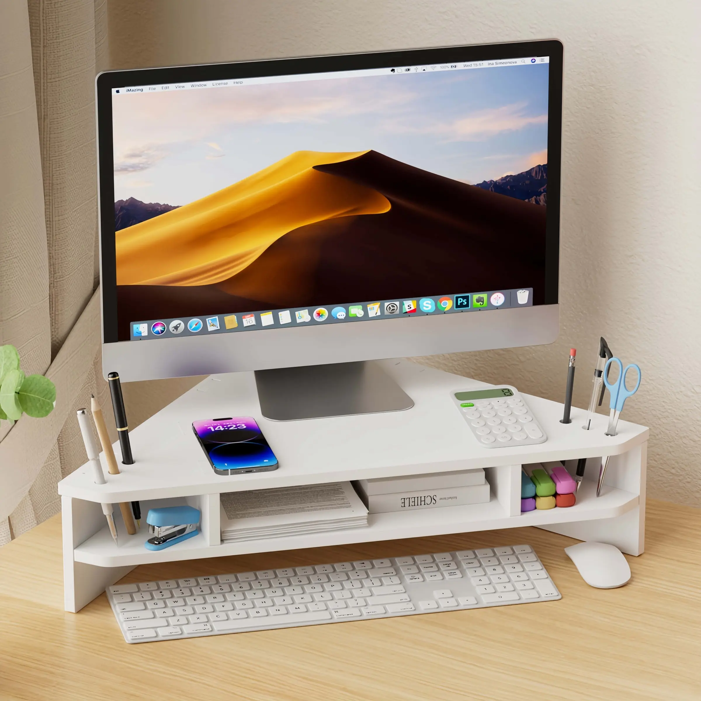 Corner Computer Riser with Drawer Storage Box, Triangle Office Desk Monitor Organizer, Desk Organizers with Compartments, Space Saving Desktop Stand, Ergonomic Design, Office Desk Accessories