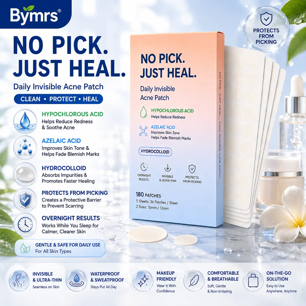 (New Product) 180-Piece Facial Acne Patch Set: Hydrocolloid acne patches designed to cover breakouts on the cheeks, forehead, and chin. Formulated with Azelaic Acid and Hypochlorous Acid, these patches effectively alleviate facial acne concerns
