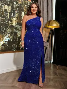 Plus Size Women's Shiny Single-Shoulder Split Dress