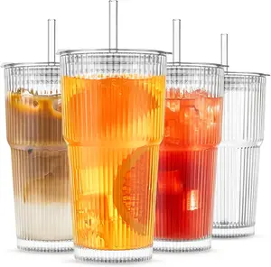 18oz 4-Pack Ribbed clear Glass Tumbler with Lid & Straw, Thickened Cup for Iced Coffee Smoothie Cocktail Juice