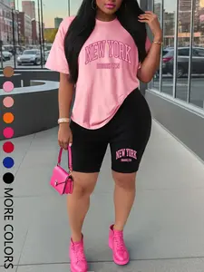 Women's Letter Print Sportswear Set, Sporty Casual Round Neck Short Sleeve T-shirt & Skinny Shorts for Daily Outdoor Wear, Ladies Sportswear, Casual Activewear Clothing, Gym Clothes Workout
