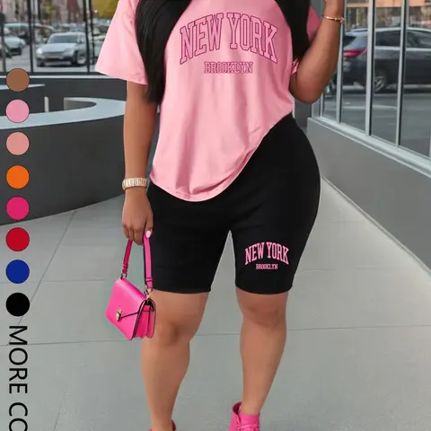 Women's Letter Print Sportswear Set, Sporty Casual Round Neck Short Sleeve T-shirt & Skinny Shorts, Suitable for Daily Outdoor Wear, Gym Workout, Athleisure Outfits