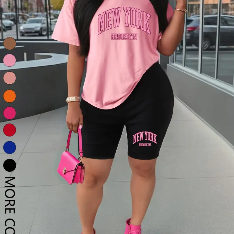Women's Letter Print Sportswear Set, Sporty Casual Round Neck Short Sleeve T-shirt & Skinny Shorts, Suitable for Daily Outdoor Wear, Gym Workout, Athleisure Outfits