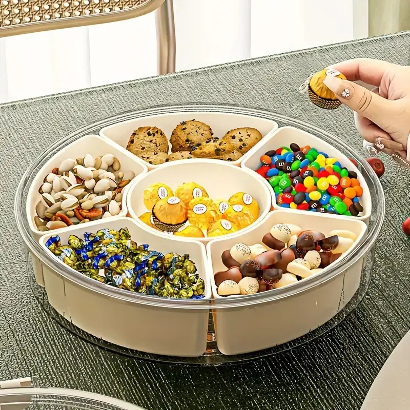 1PC Rotating Snack Tray with Lid Multi Sectional Serving Platter Food Grade Plastic Transparent Center Space Saving Organizer for Party Wedding Home Holiday Decor Christmas Halloween Thanksgiving Vale