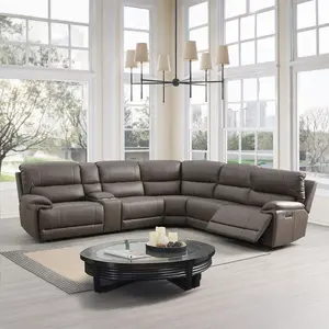 Acme LV04270 6 PC Kantu Brown Faux Leather Power Sectional Sofa with Adjustable Headrests Cup Console & USB Charging Modern Living Room Furniture