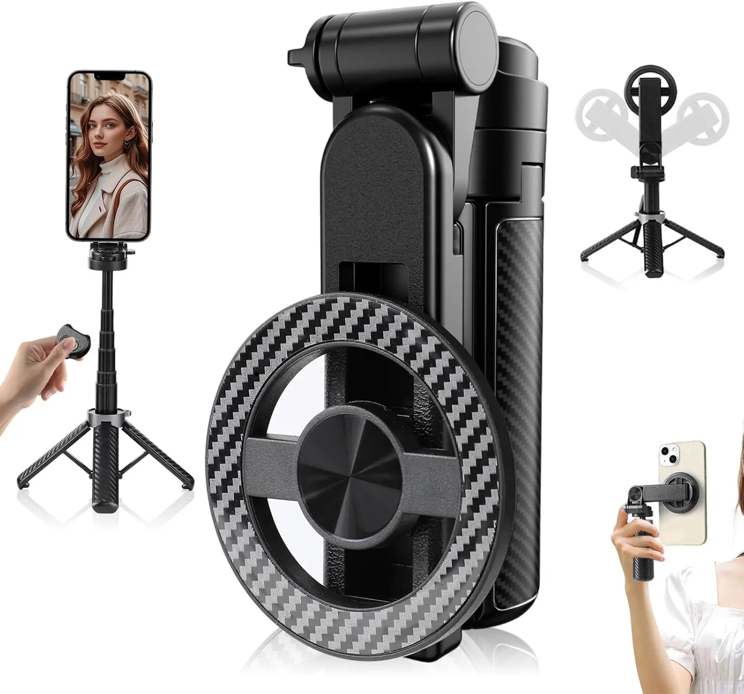 4-in-1 Multifunctional 360° Rotation Magnetic Selfie Stick,Universal Magnetic Phone Tripod with Detachable Remote Control, Extendable Mag Tripod Phone Stand for Video Recording & Vlogging