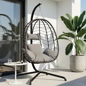 Hanging Egg Chair with Stand, Swinging Egg Chair Outdoor Indoor, Hanging Basket Chair with Cushion, Patio Wicker Hammock Chair 350lbs Capacity for Porch, Balcony, Backyard, Garden (Grey)