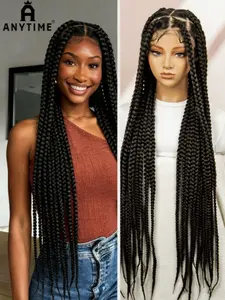 36-Inch Long Fiber Wig for Women, Natural Voluminous Density, High-Definition Lace Front, Lightweight Comfortable, Reusable, Versatile Style, Synthetic Braids