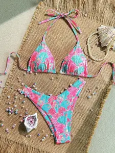 Swim Vcay New Plus Size Women's Multi-Color Printed Halter Top And Fitted Bottom Triangle Bikini 2pcs Set, Slimming Vacation/Leisure Swimwear For Summer