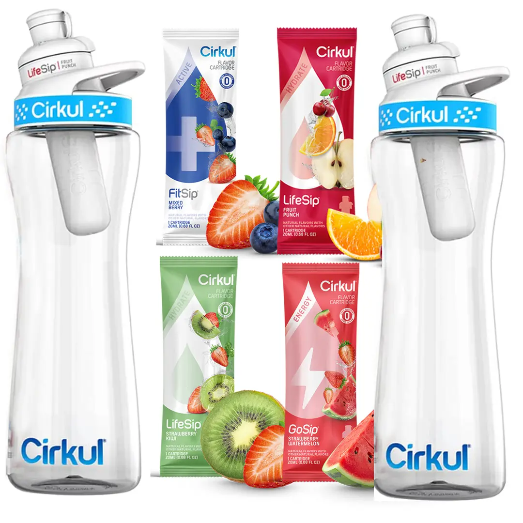 Cirkul 22 oz Water Bottle Kit with Blue Lid Includes and Fruit Punch & Mixed Berry Cartridges for Optimal Refreshment -Perfect for Sharing with Family(2 Pack Bundle)