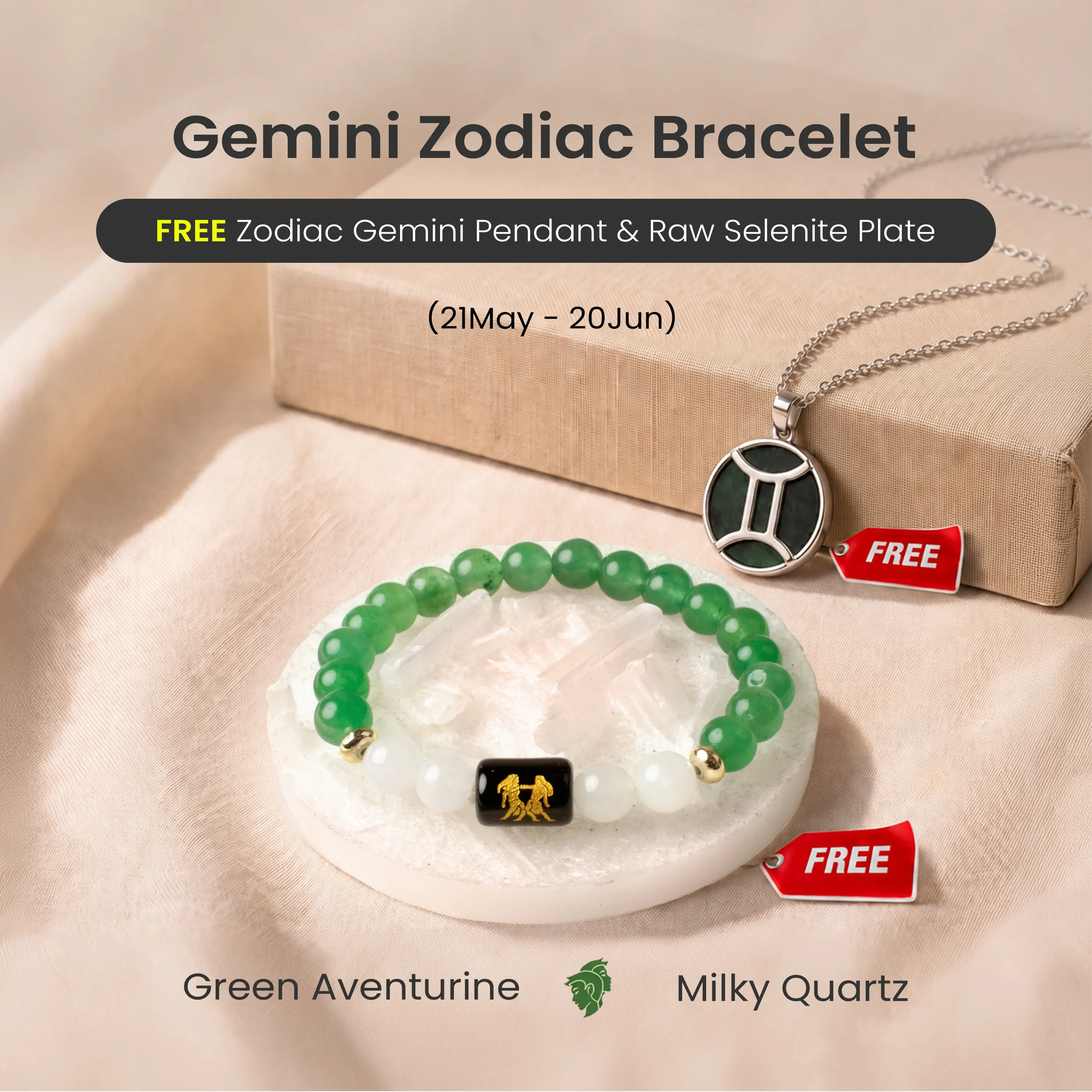 Astrotalk Green Aventurine & Milky Quartz Gemini Zodiac Bracelet for calm a restless mind, sharpen focus & clarity | FREE Gemini Pendant & Raw Selenite Plate for Crystal Charging | Daily Wear Jewellery | Certified Authentic | Perfect Gift for Geminis