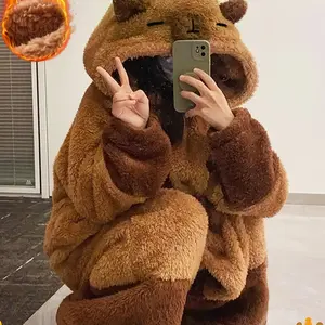 Women's Cute Cartoon Bear Pajamas Set, Long Thick Flannel Sleepwear, Cozy Home Wear for Fall & Winter, Perfect Holiday Gift