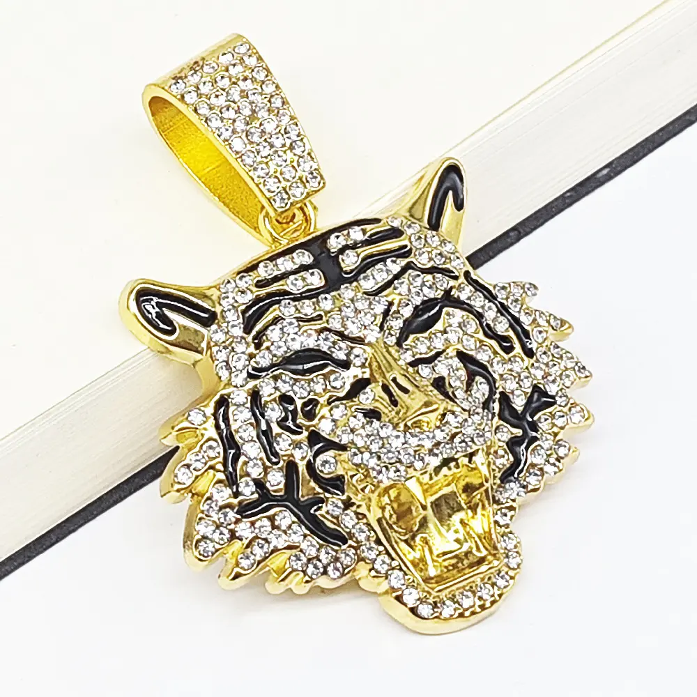 3D Fierce Tiger Head Iced Pendant Necklace 14mm Heavyweight Miami Cuban Link Chain Stainless Steel CZ Stone Enamel Tiger Stripes HipHop Men Jewelry, Tiger King