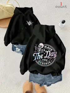 Women's Halloween Skull Hoodie, Long Sleeve Fleece Lined, Drawstring Adjustable, Casual Loose Fit, Fashionable Graphic Design, Sweatshirts